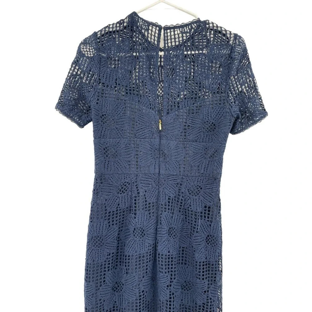 Trina Turk Women's Navy Blue Lace Sheath Dress Short Sleeve Back Zip Size 2 - Picture 9 of 13